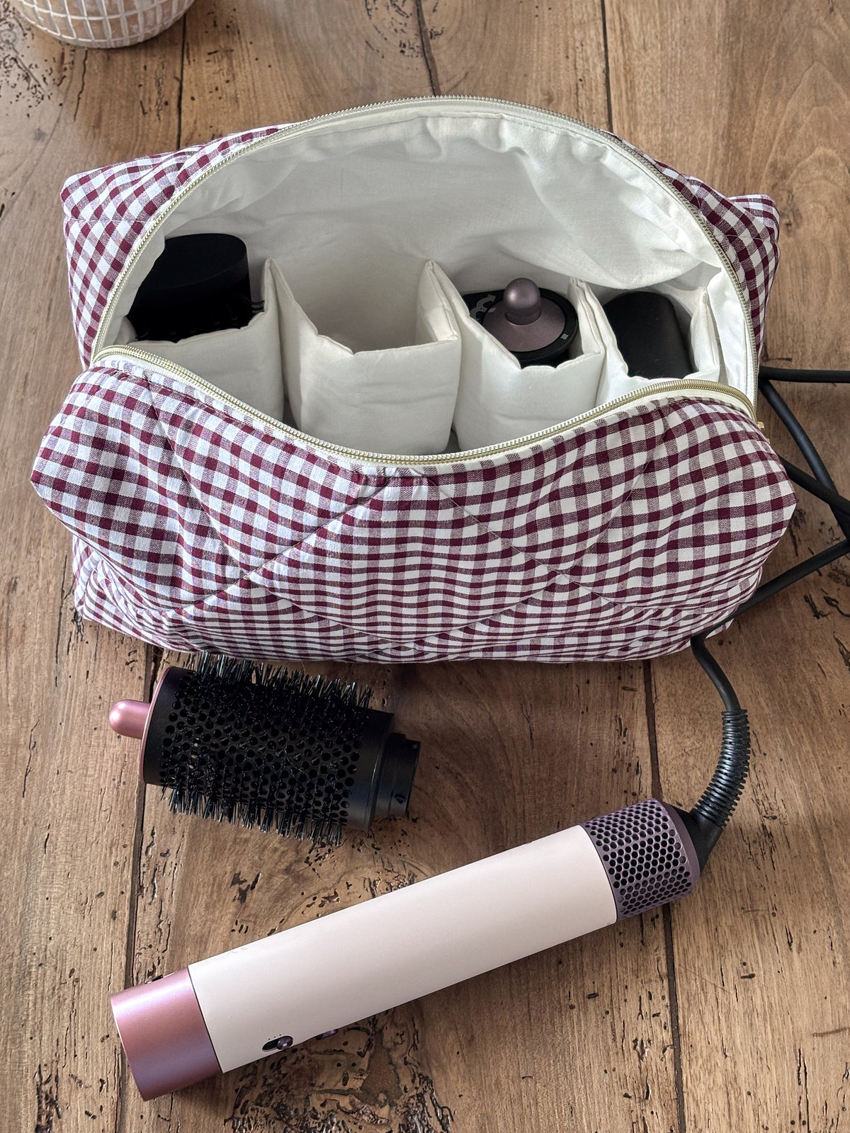 Louise pouch - quilted light pink gingham pouch for Dyson Airwrap and Shark FlexStyle