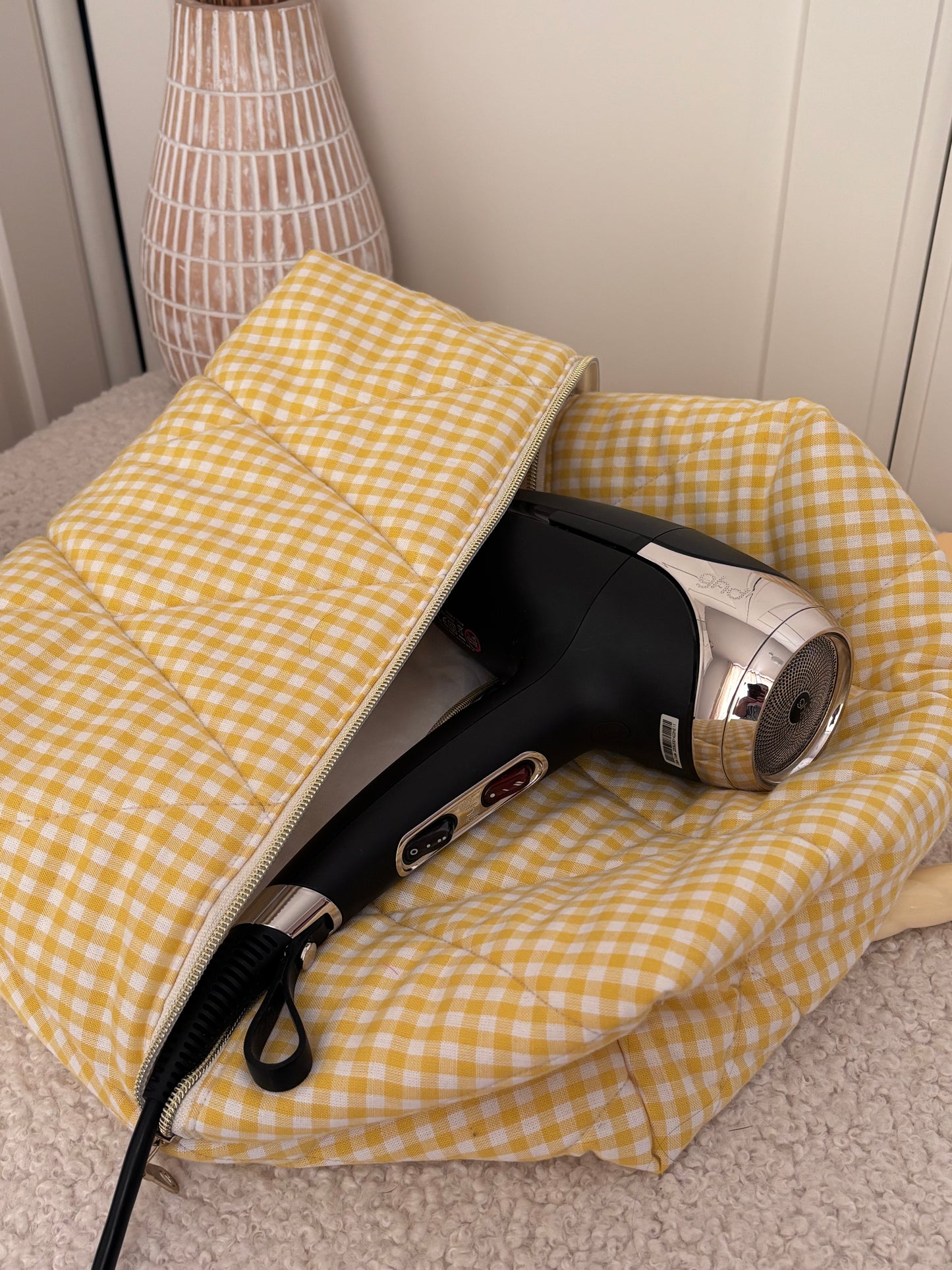 Louise pouch – Yellow gingham quilted pouch for GHD Helios hair dryer