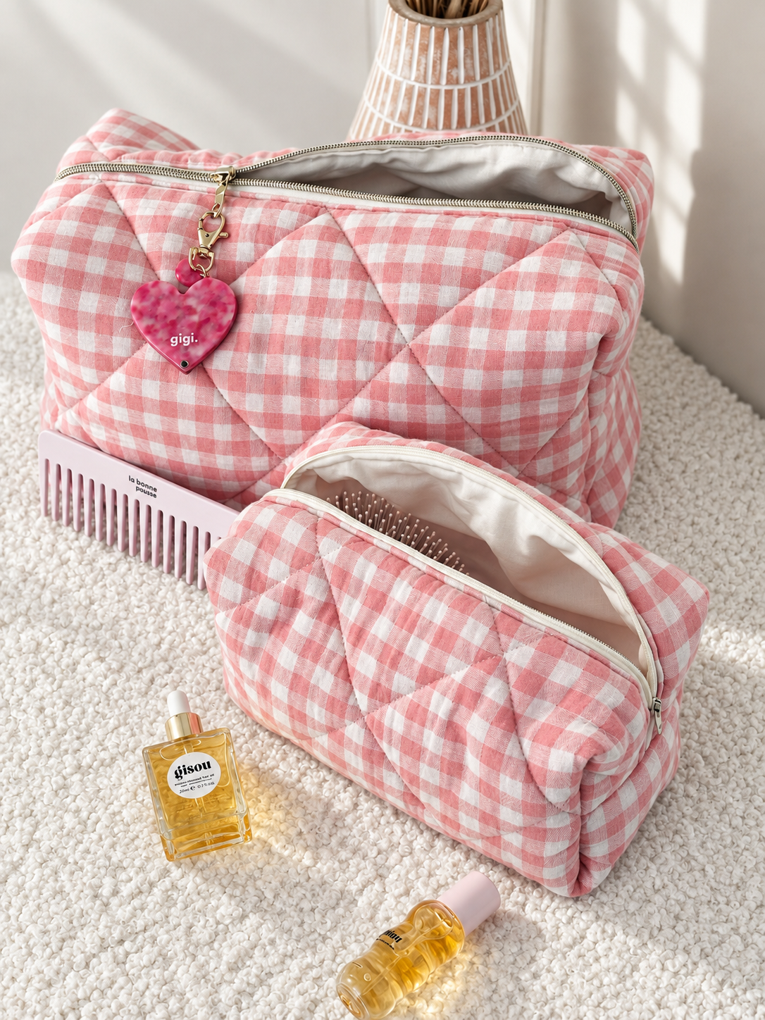 Trousse beauté matelassée vichy rose bonbon – Lou