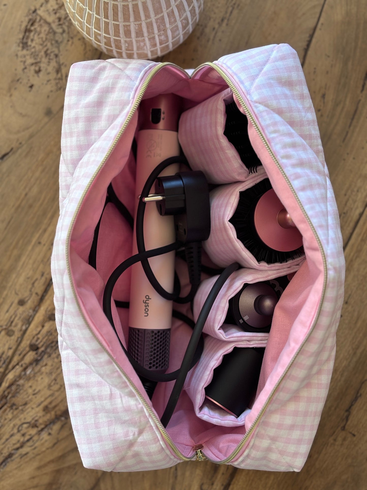 Louise pouch - quilted light pink gingham pouch for Dyson Airwrap and Shark FlexStyle