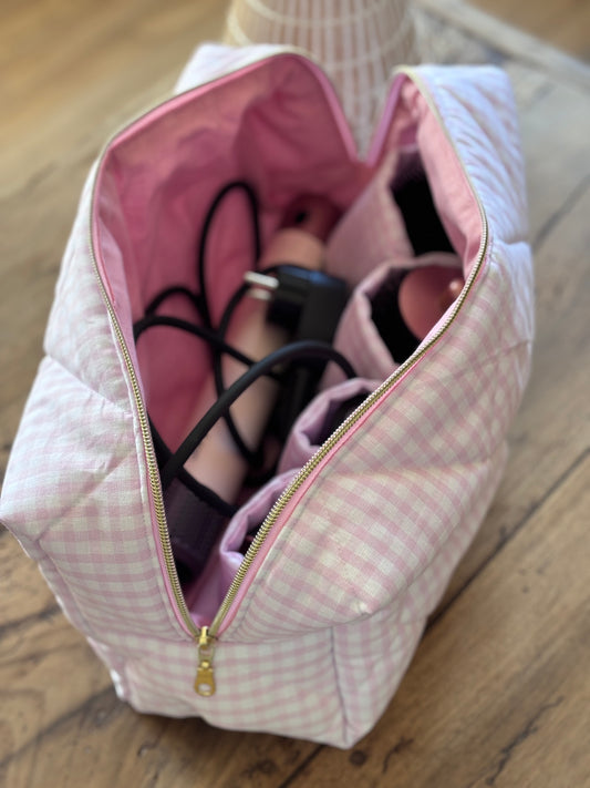 Louise pouch - quilted light pink gingham pouch for Dyson Airwrap and Shark FlexStyle
