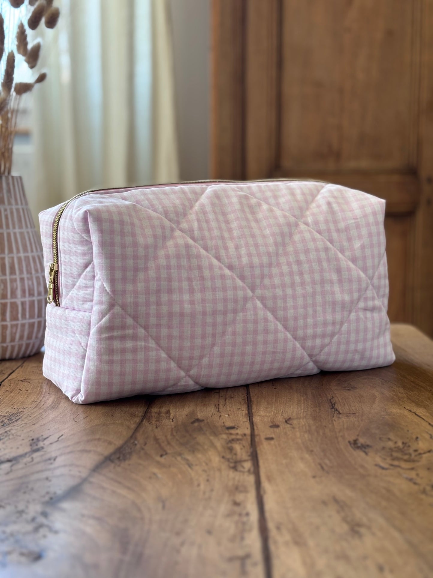 Louise pouch - quilted light pink gingham pouch for Dyson Airwrap and Shark FlexStyle