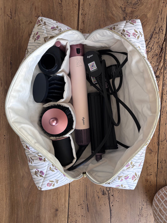 Quilted Pouch for Dyson Airwrap and Shark FlexStyle – Light Pink Gingham