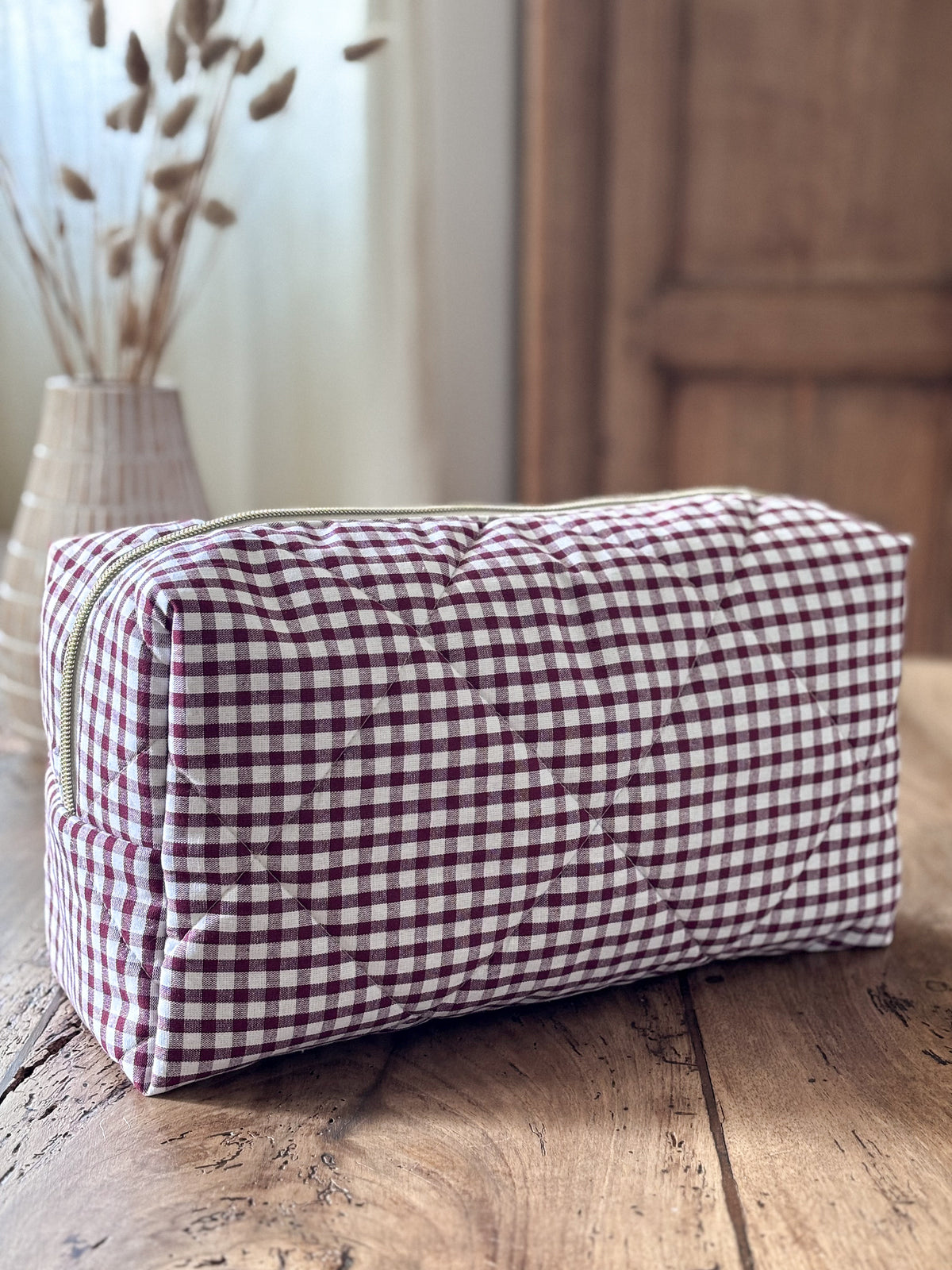 Louise pouch - quilted light pink gingham pouch for Dyson Airwrap and Shark FlexStyle