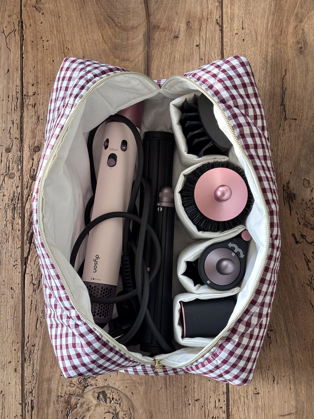 Louise pouch - quilted light pink gingham pouch for Dyson Airwrap and Shark FlexStyle