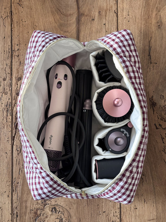 Louise pouch - quilted light pink gingham pouch for Dyson Airwrap and Shark FlexStyle