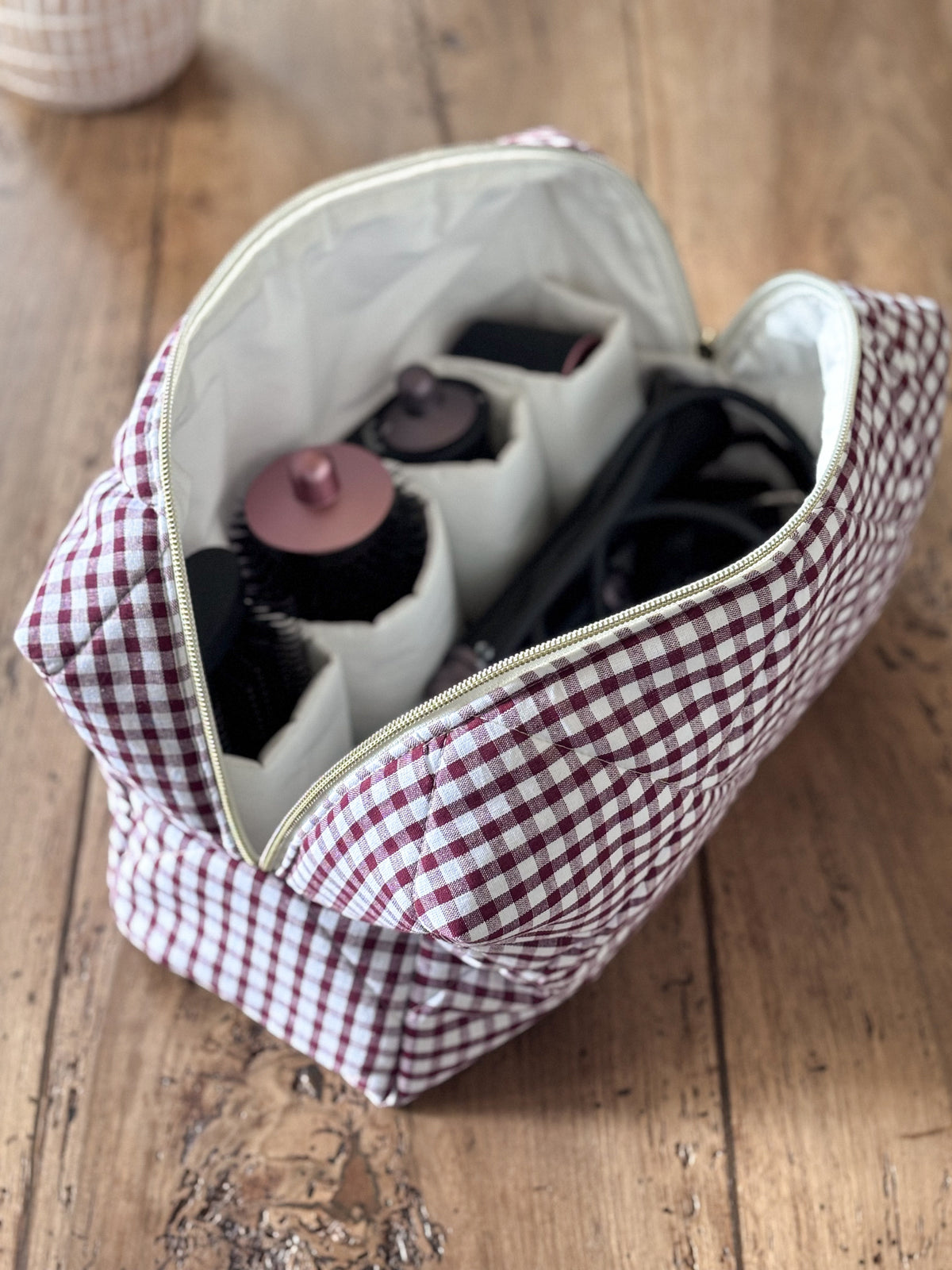 Louise pouch - quilted light pink gingham pouch for Dyson Airwrap and Shark FlexStyle
