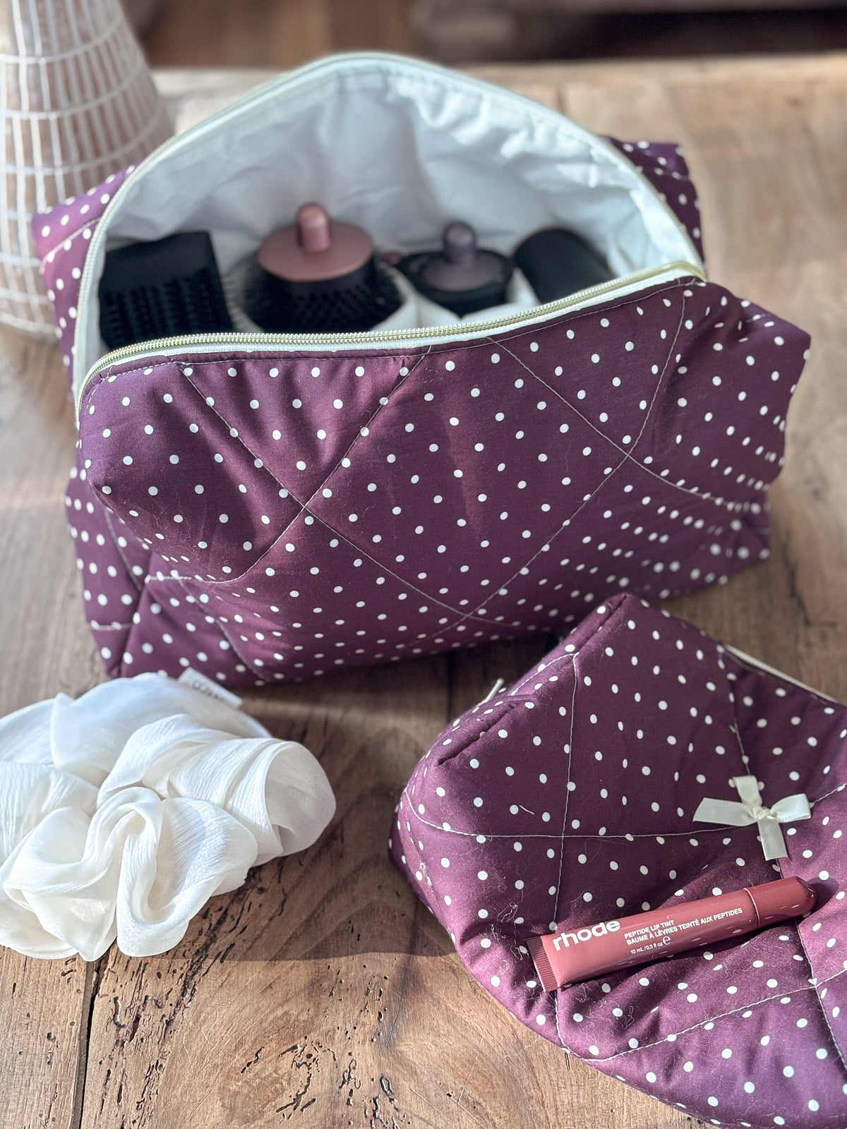 Quilted Pouch for Dyson Airwrap and Shark FlexStyle – Light Pink Gingham