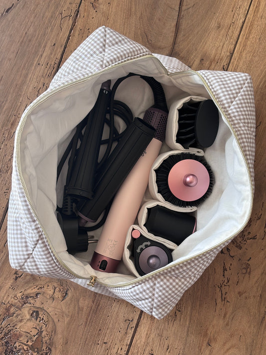 Quilted Pouch for Dyson Airwrap and Shark FlexStyle – Light Pink Gingham