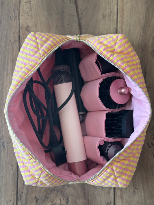 Quilted Pouch for Dyson Airwrap and Shark FlexStyle – Light Pink Gingham