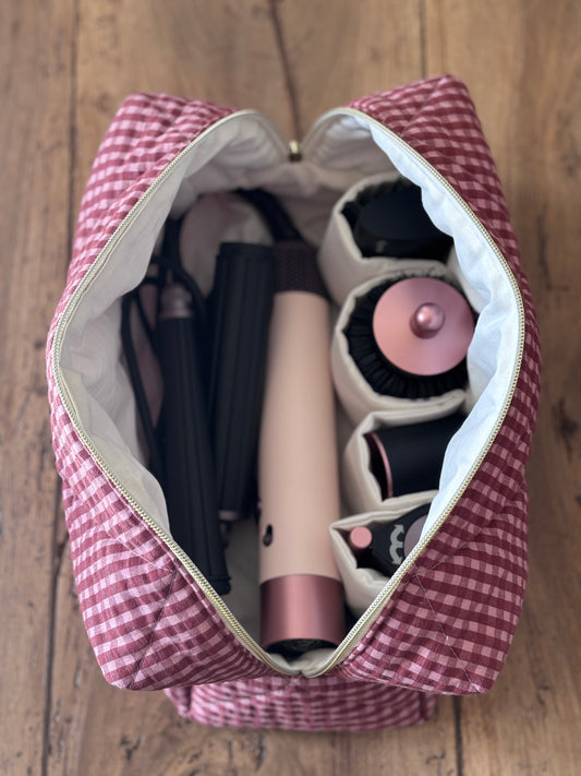 Quilted Pouch for Dyson Airwrap and Shark FlexStyle – Light Pink Gingham