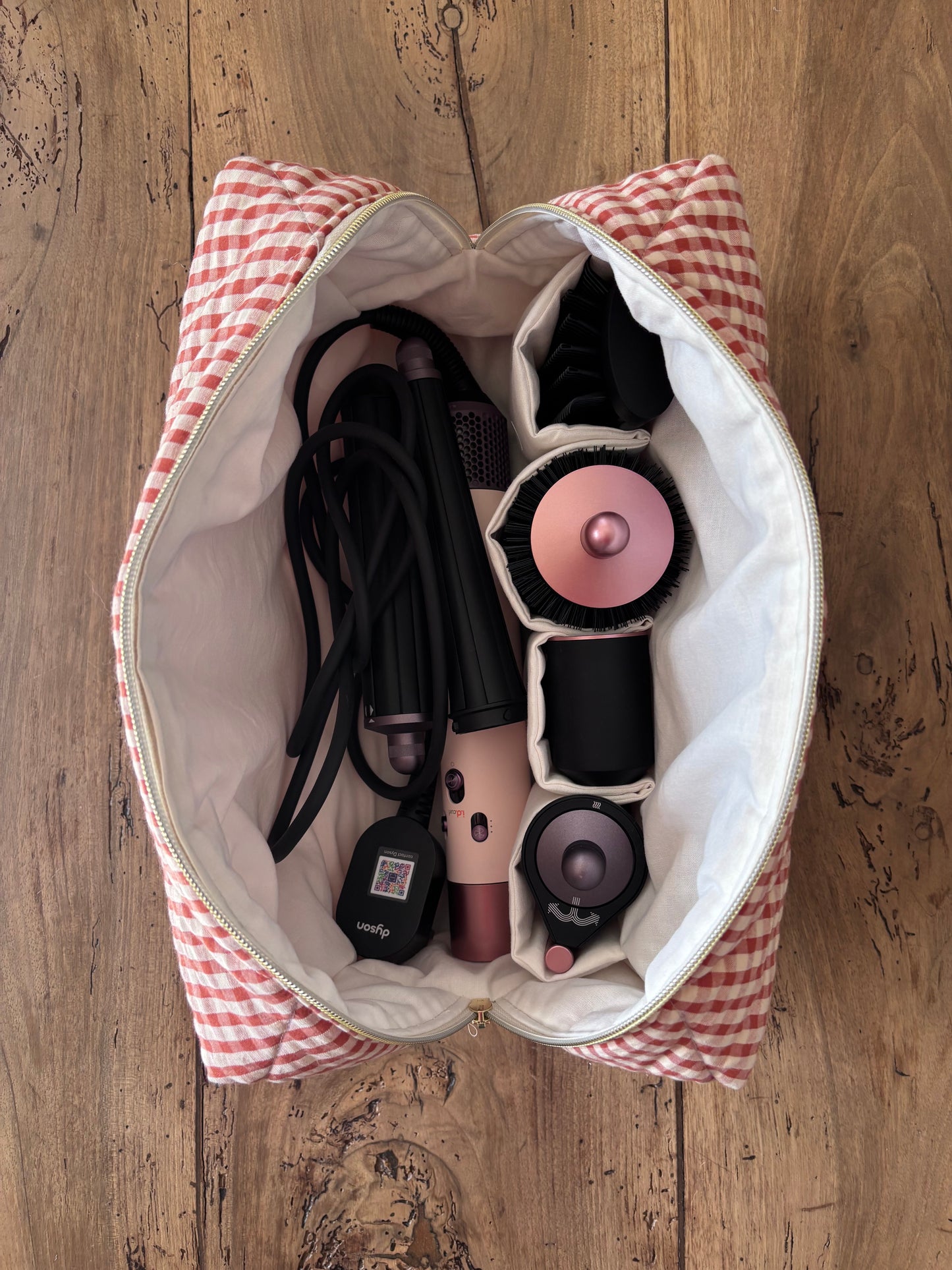 Quilted Pouch for Dyson Airwrap and Shark FlexStyle – Light Pink Gingham