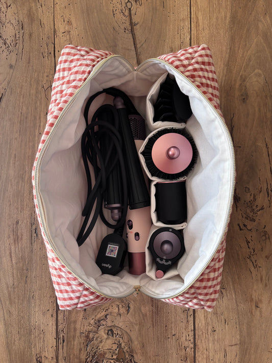 Quilted Pouch for Dyson Airwrap and Shark FlexStyle – Light Pink Gingham