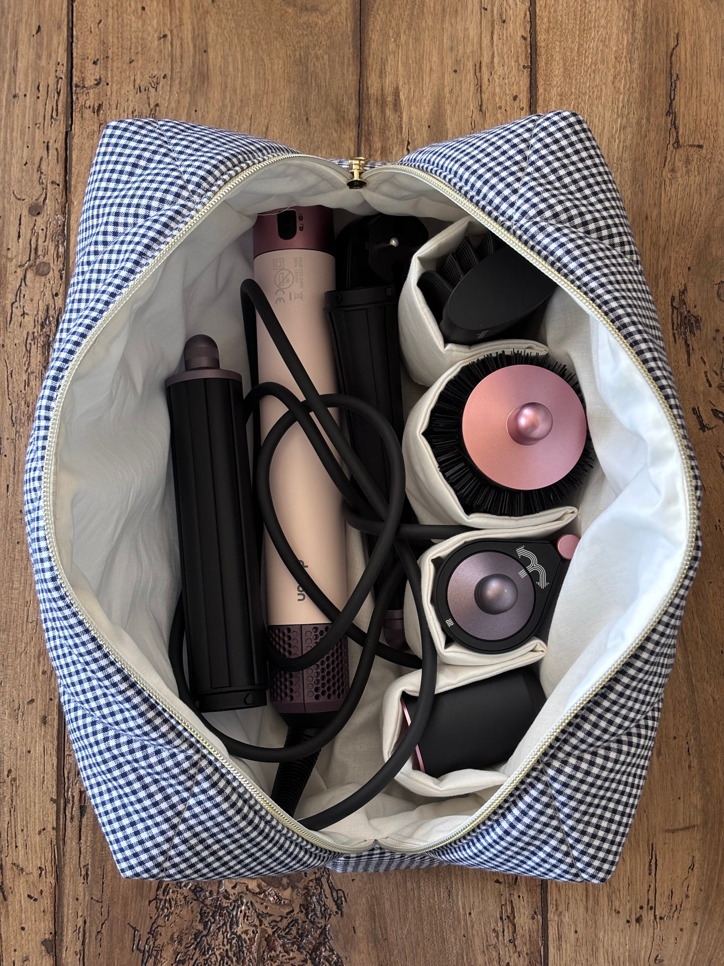 Quilted Pouch for Dyson Airwrap and Shark FlexStyle – Light Pink Gingham