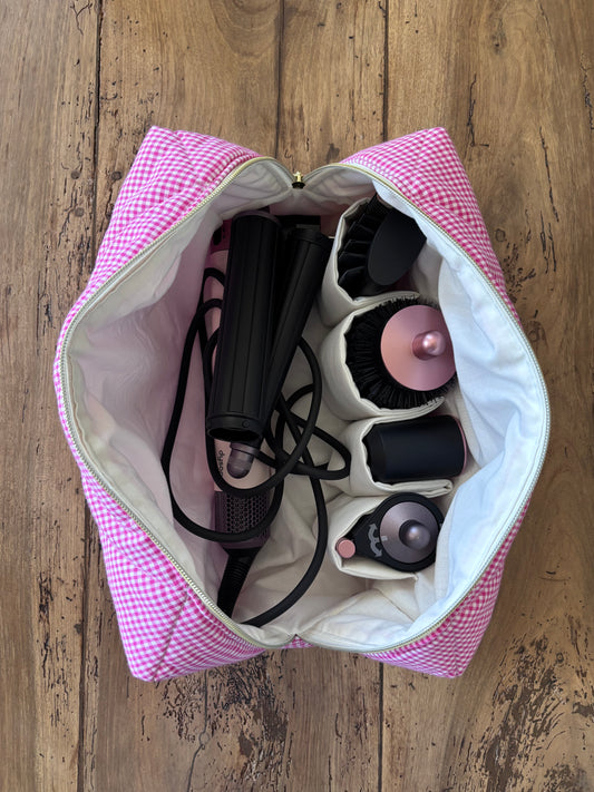 Quilted Pouch for Dyson Airwrap and Shark FlexStyle – Light Pink Gingham