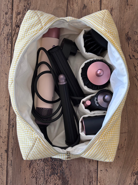 Quilted Pouch for Dyson Airwrap and Shark FlexStyle – Light Pink Gingham