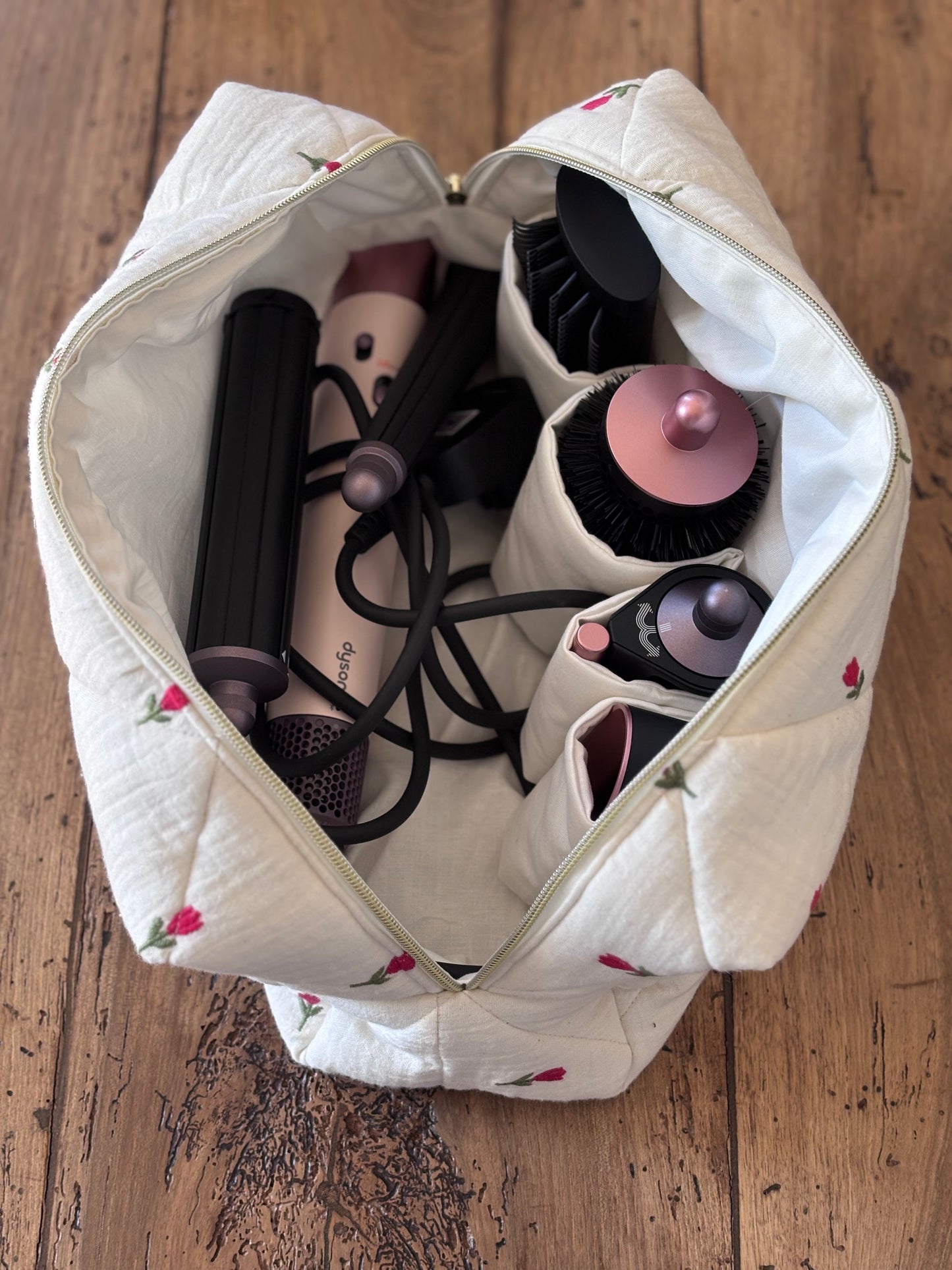 Quilted Pouch for Dyson Airwrap and Shark FlexStyle – Light Pink Gingham