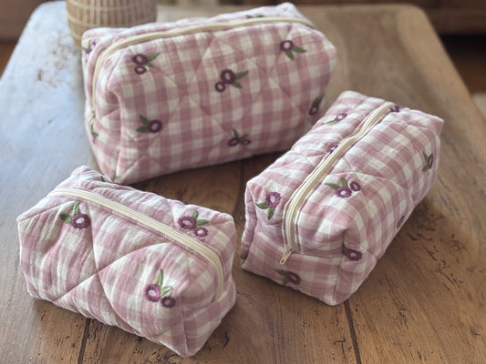 Vichy Mauve Embroidered Beauty Pouch Trio