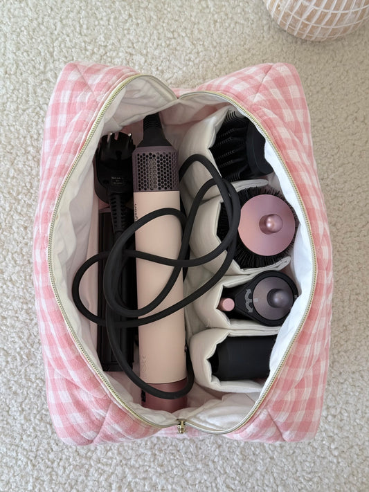 Quilted Pouch for Dyson Airwrap and Shark FlexStyle – Light Pink Gingham
