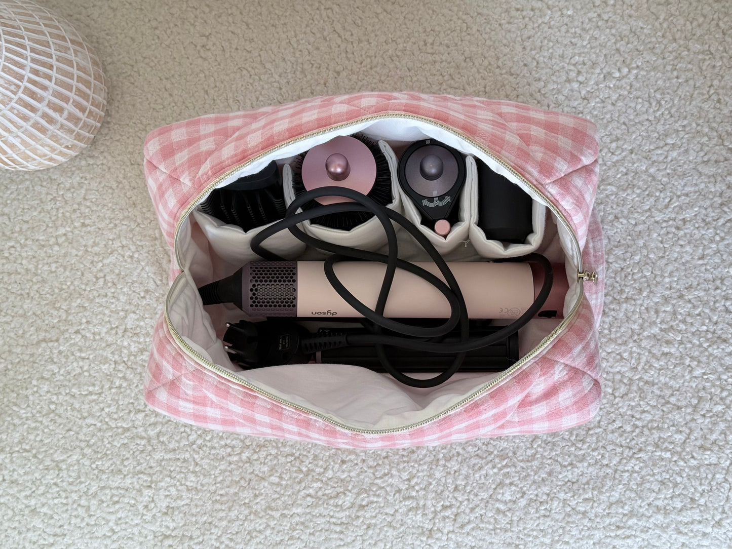 Quilted Pouch for Dyson Airwrap and Shark FlexStyle – Light Pink Gingham