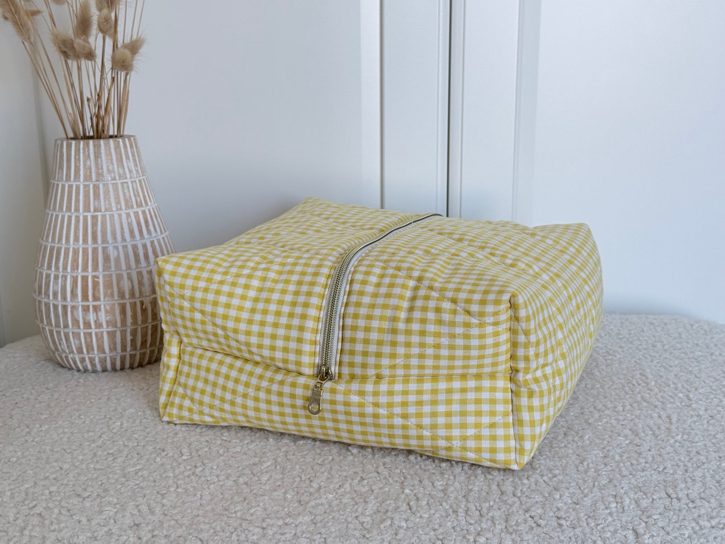 Trousse sèche-cheveux matelassée vichy jaune Louise – Quilted yellow gingham hair dryer case – Maison ELOÏA