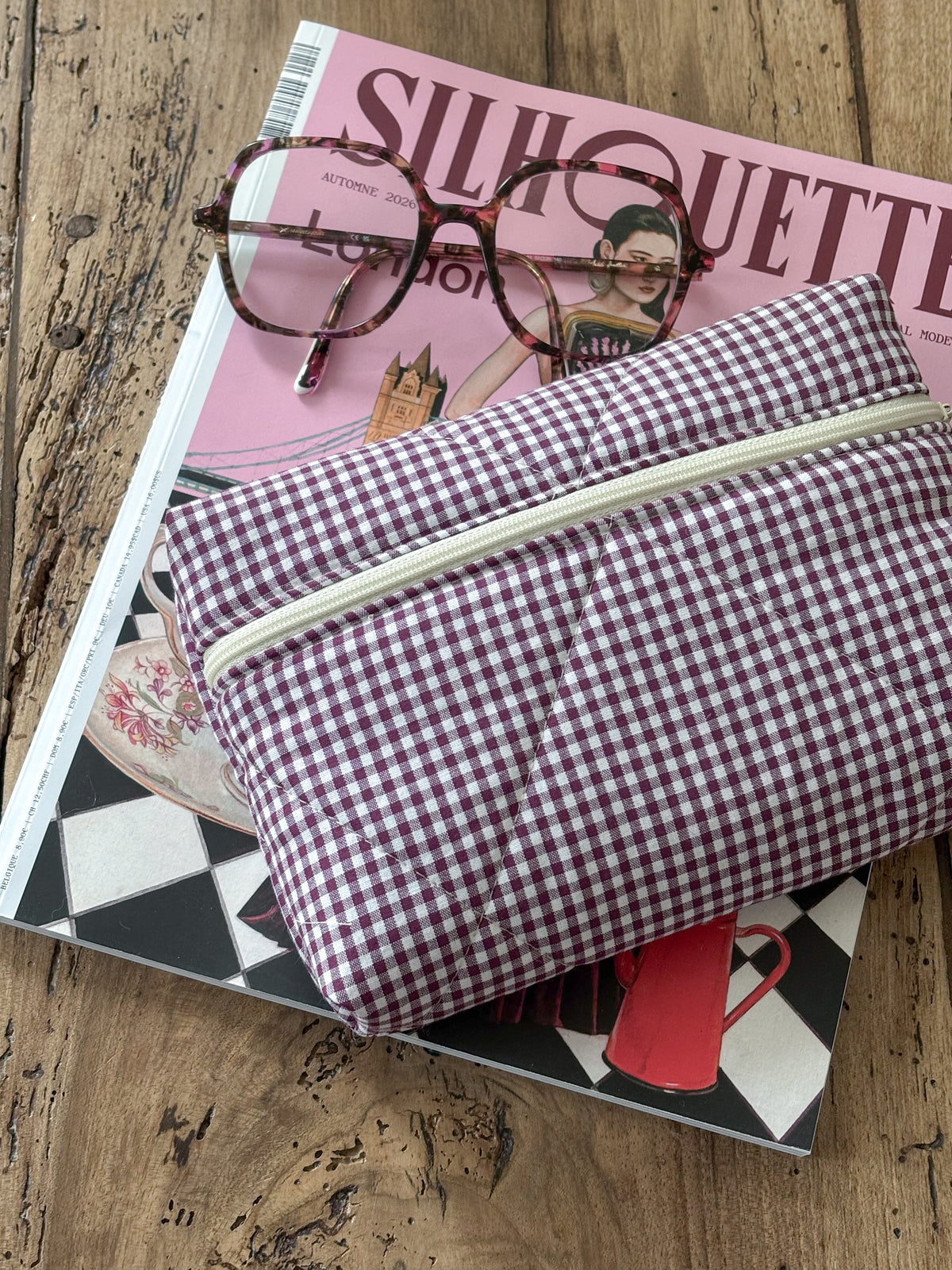 Pochette livre de poche - vichy bordeaux Camille - Compatible Kindle