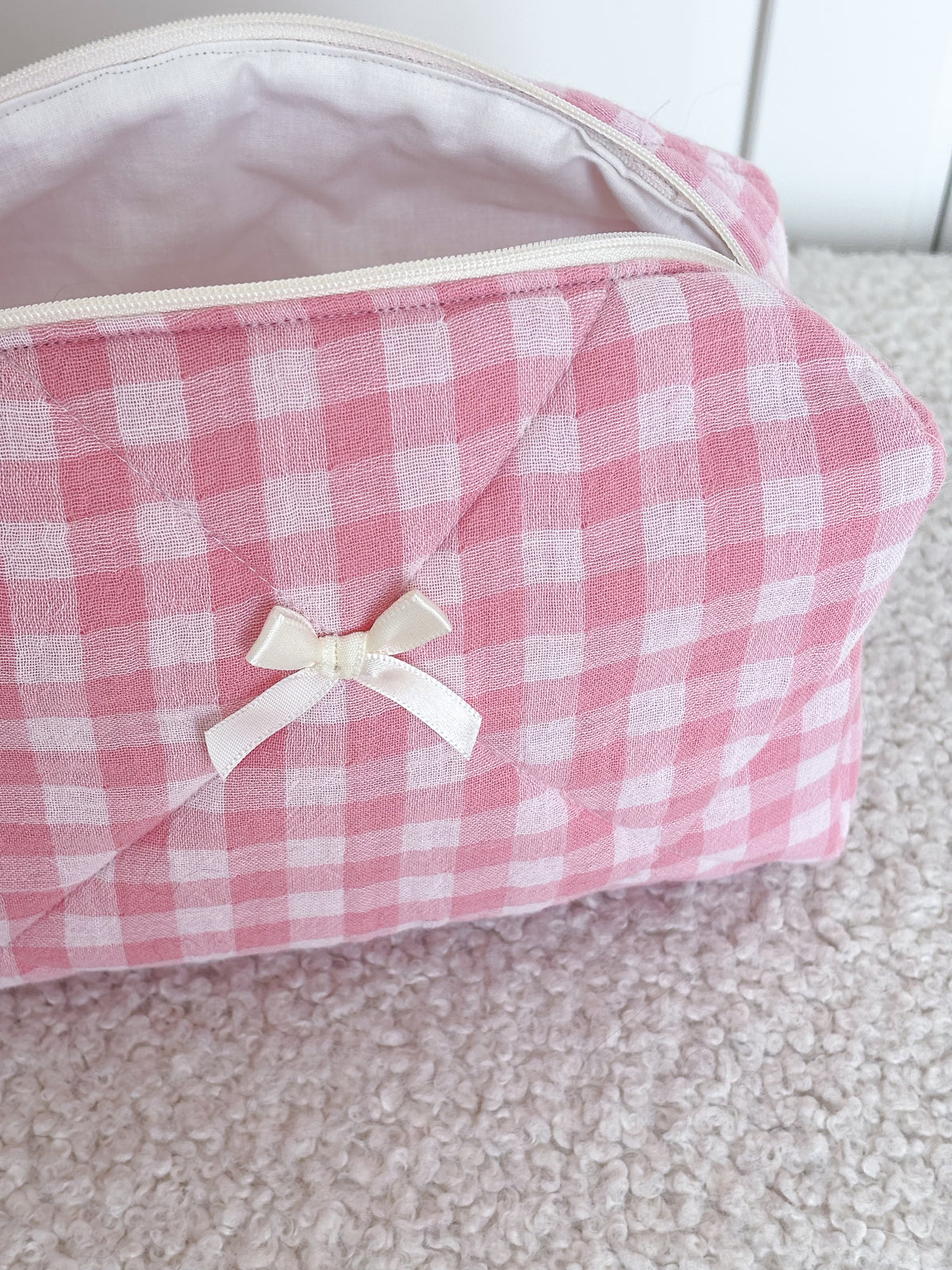 Trousse beauté matelassée vichy rose bonbon – Lou